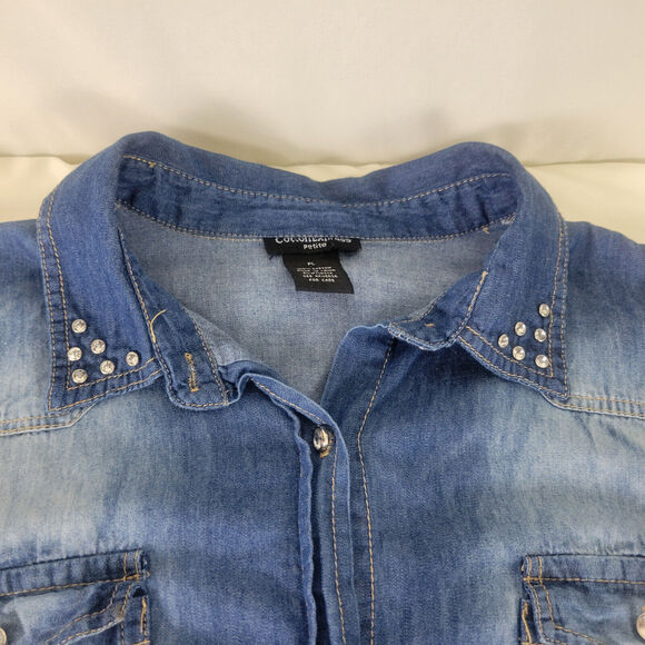 Cotton Express Shirt Womens Large Petite‎ Blue Top Chambray Roll Tab Button Up - Picture 13 of 15